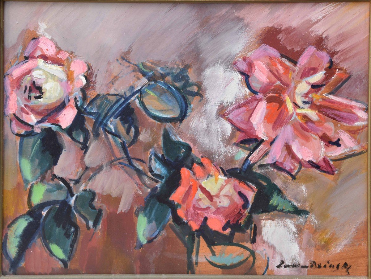 Czeslaw Zawadzinski "bouquet Of Roses" Oil On Cardboard 33x41-photo-4